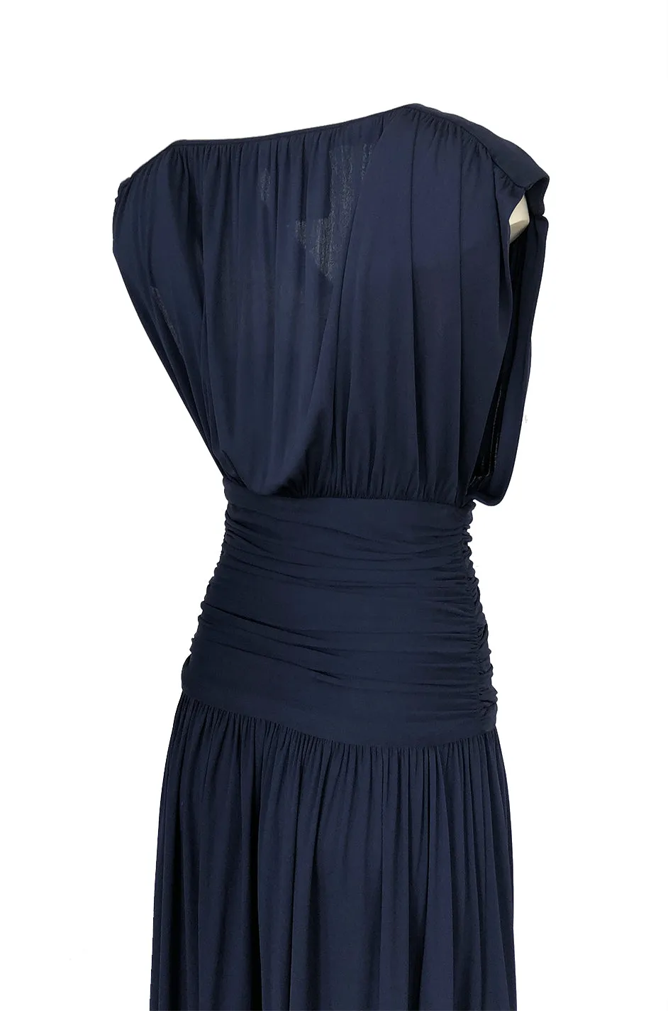 Resort 1986 Yves Saint Laurent Deep Plunge Front Blue Draped Silk Jersey Dress