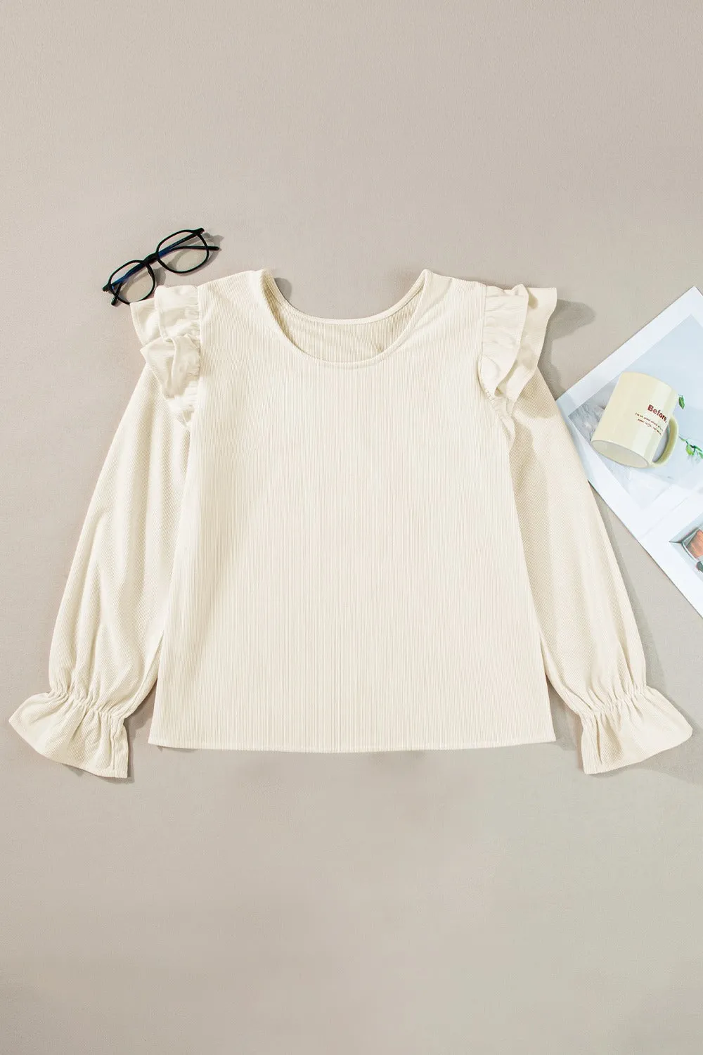 Reya Ruffled Round Neck Flounce Sleeve Top