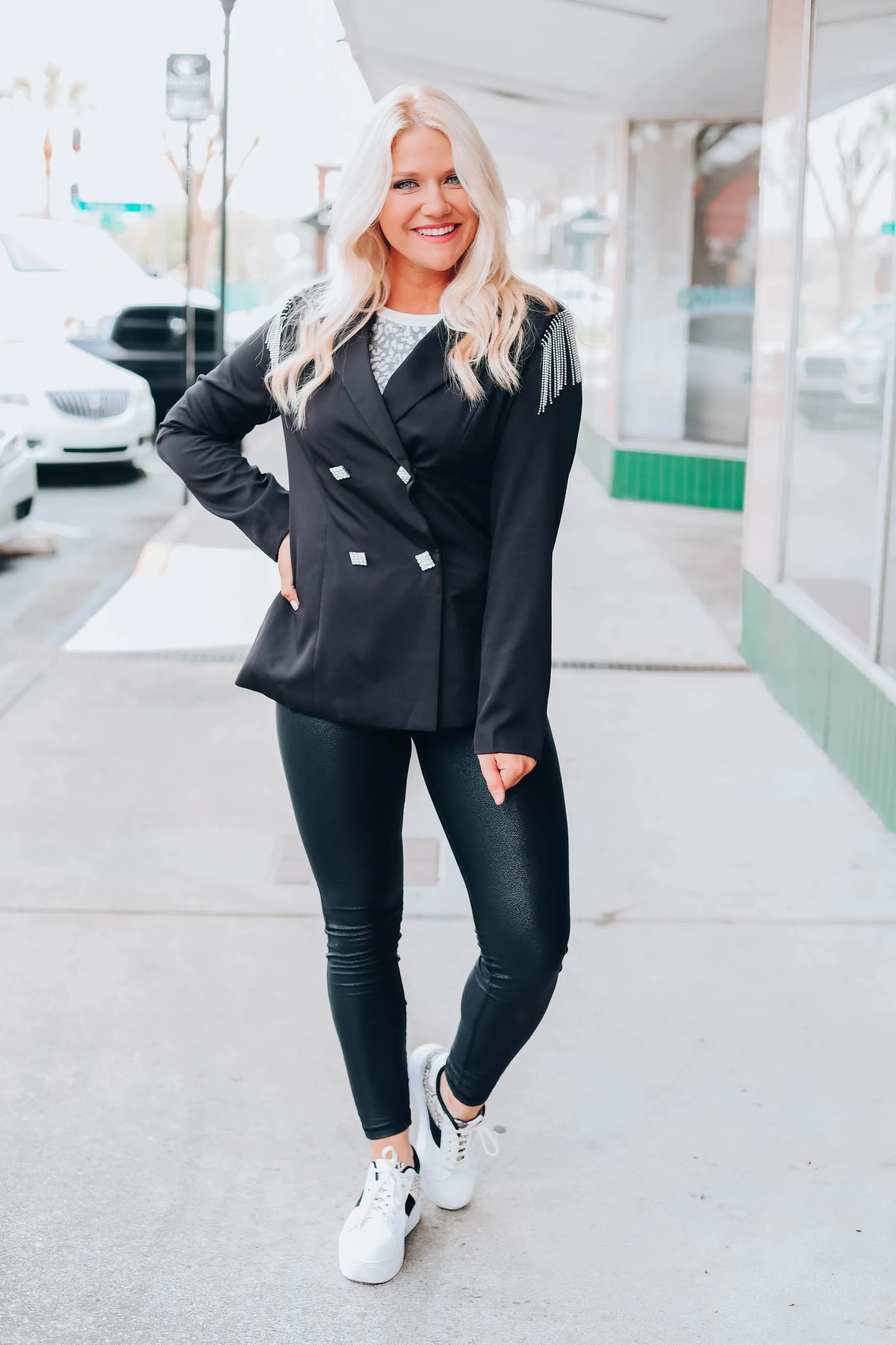 Rhinestone Fringed Blazer - Black