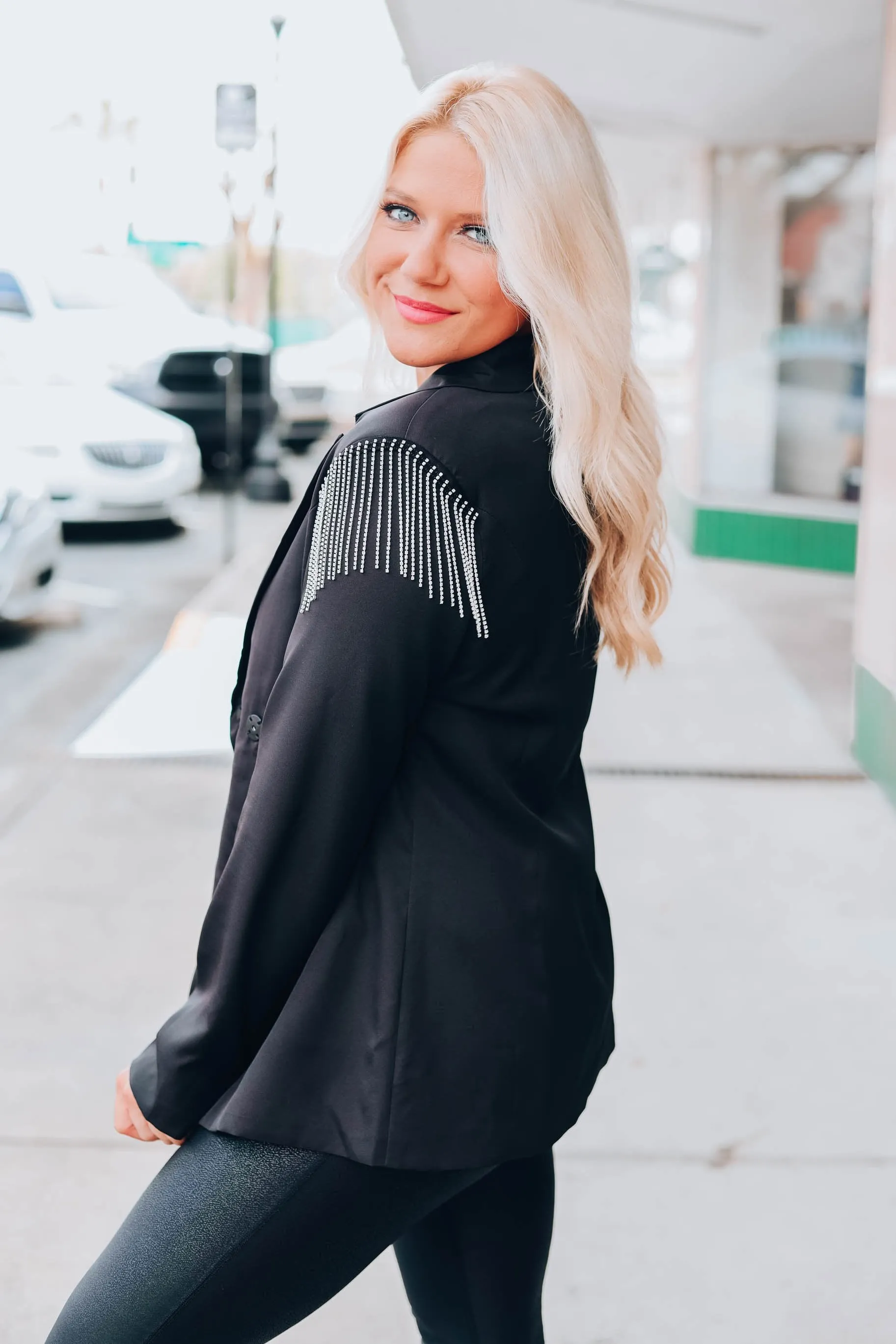 Rhinestone Fringed Blazer - Black