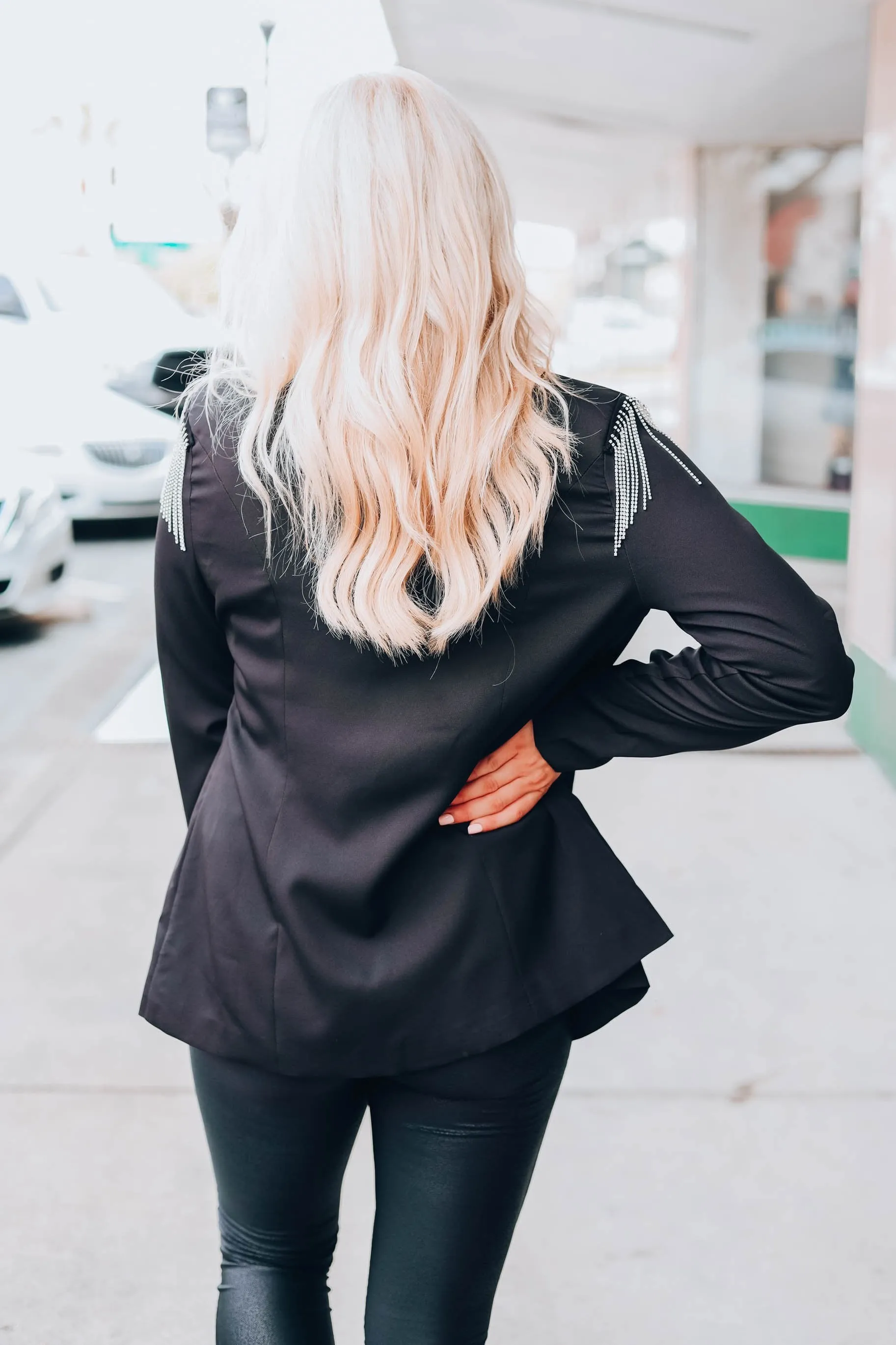Rhinestone Fringed Blazer - Black