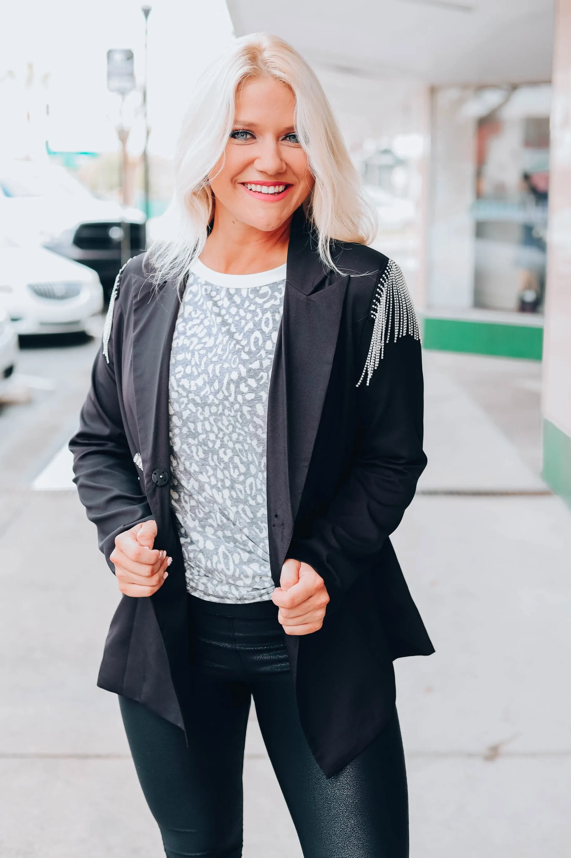Rhinestone Fringed Blazer - Black