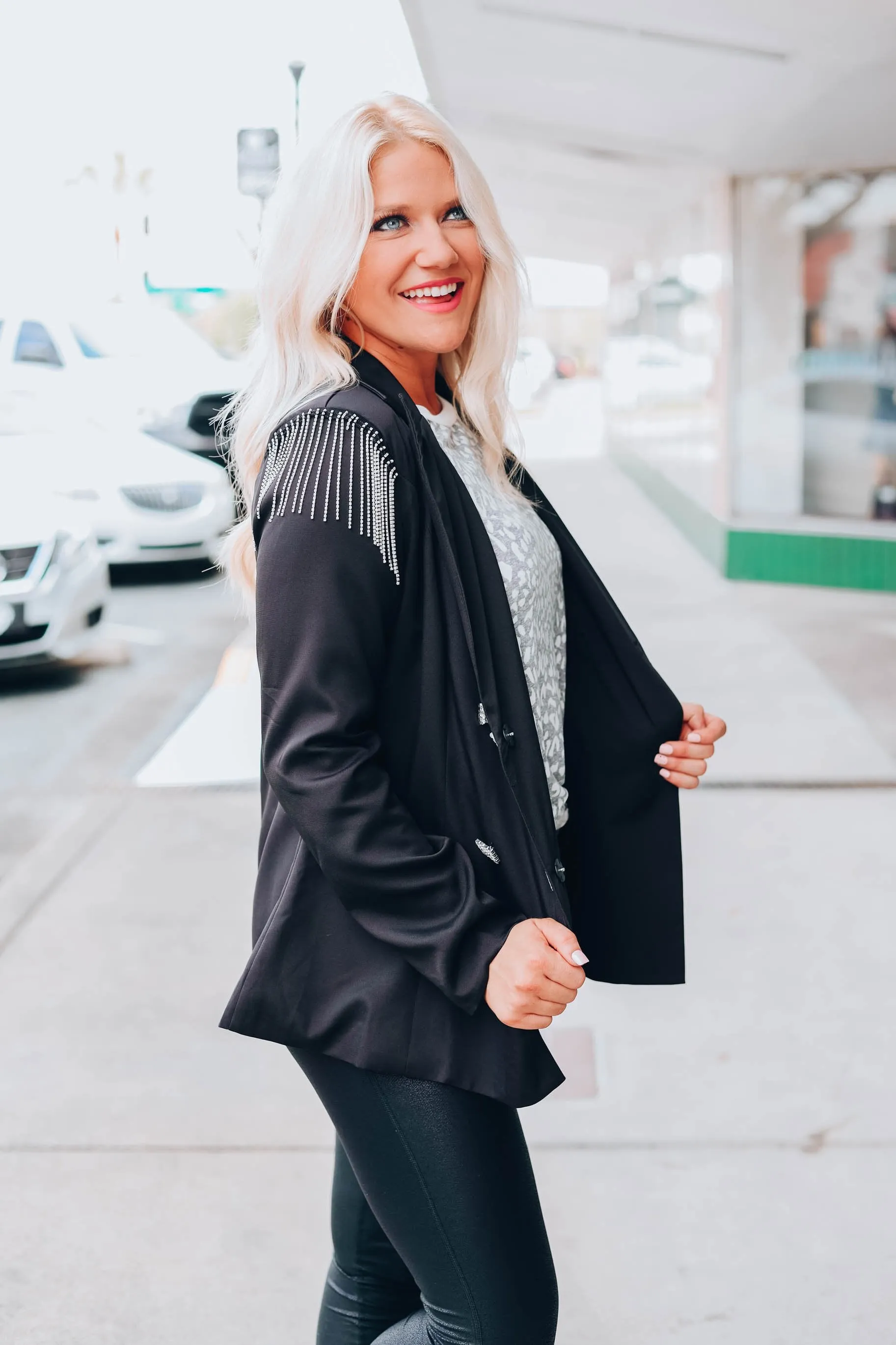 Rhinestone Fringed Blazer - Black