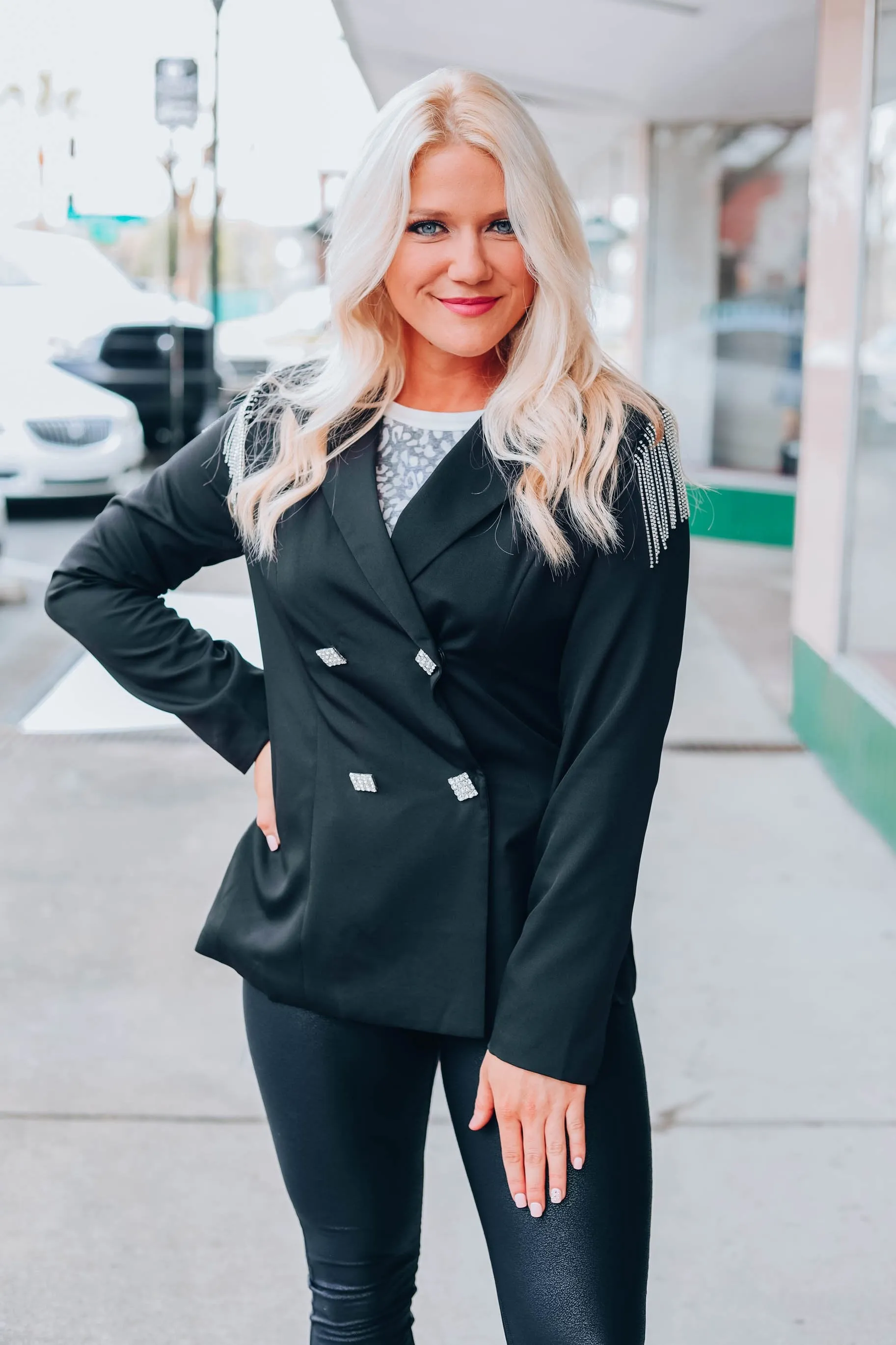 Rhinestone Fringed Blazer - Black