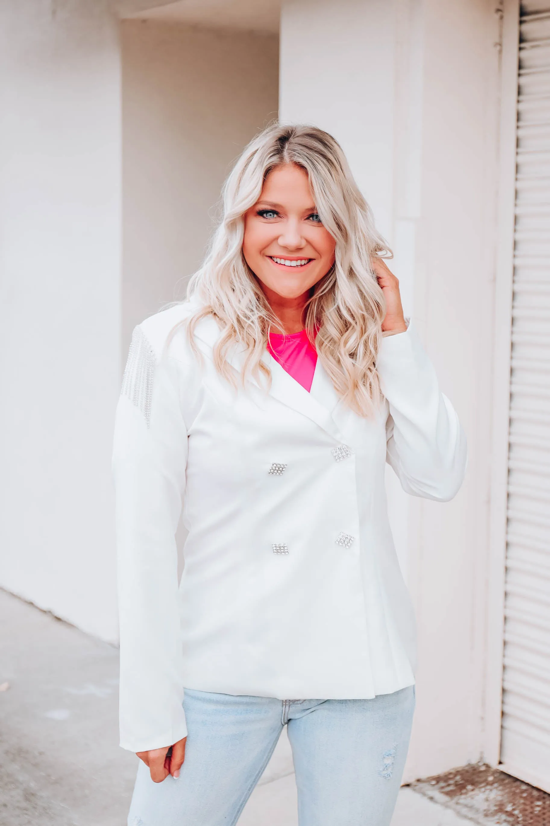 Rhinestone Fringed Blazer - White