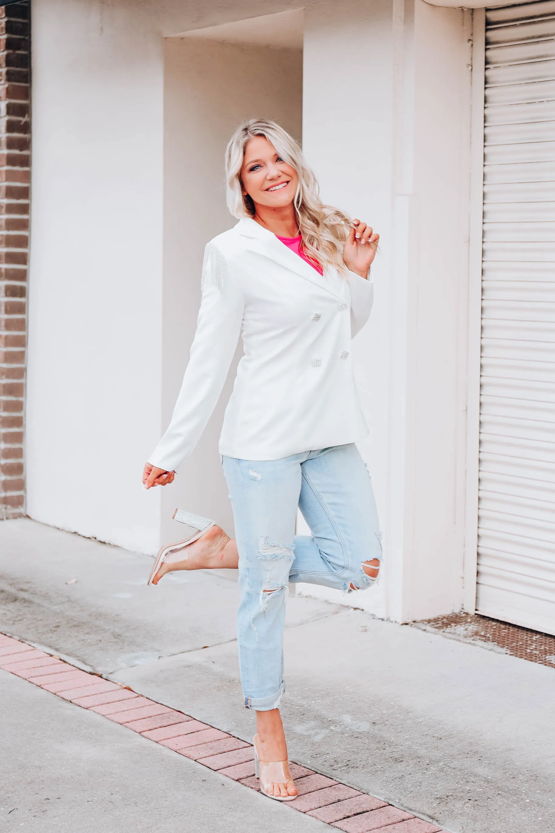 Rhinestone Fringed Blazer - White