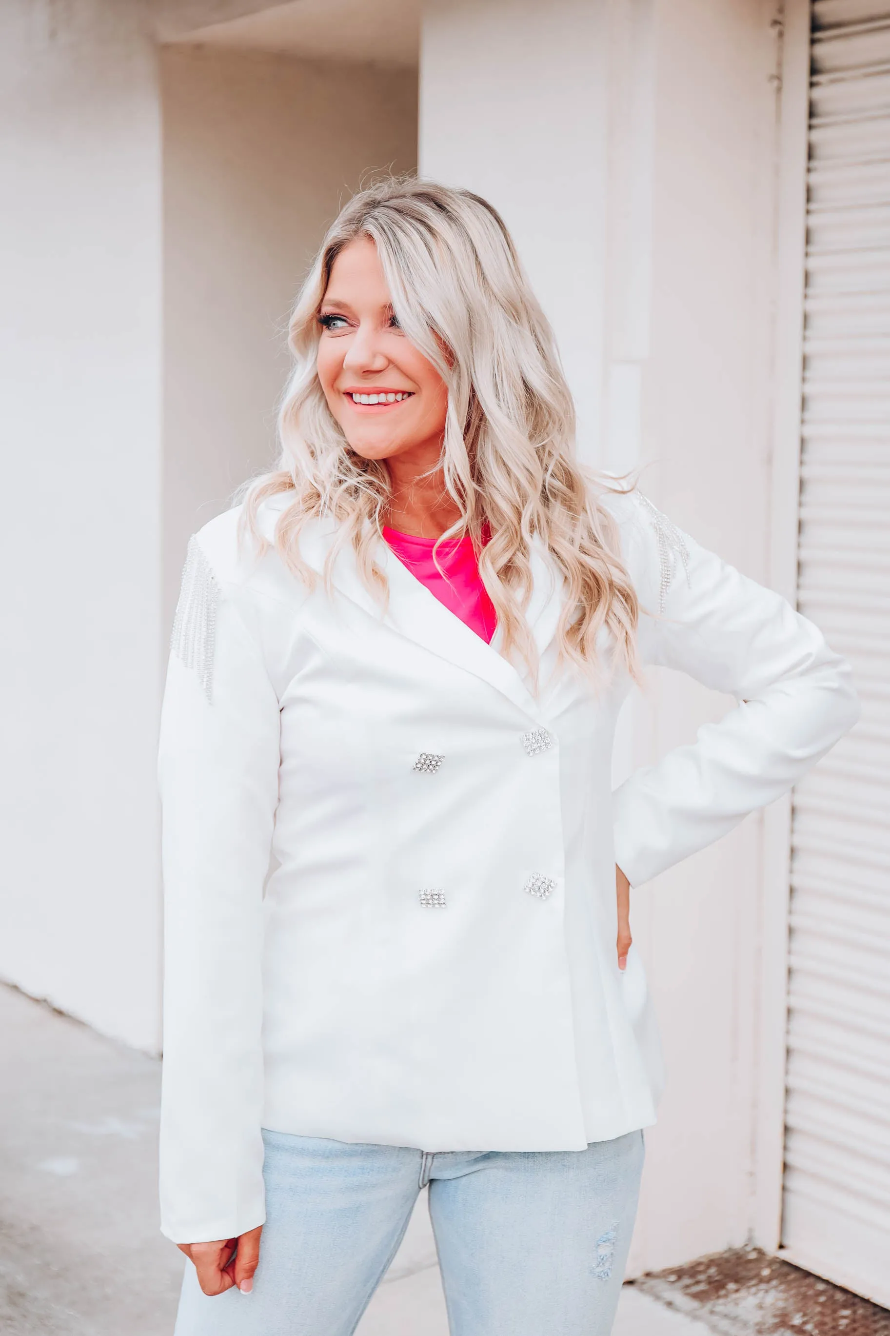 Rhinestone Fringed Blazer - White