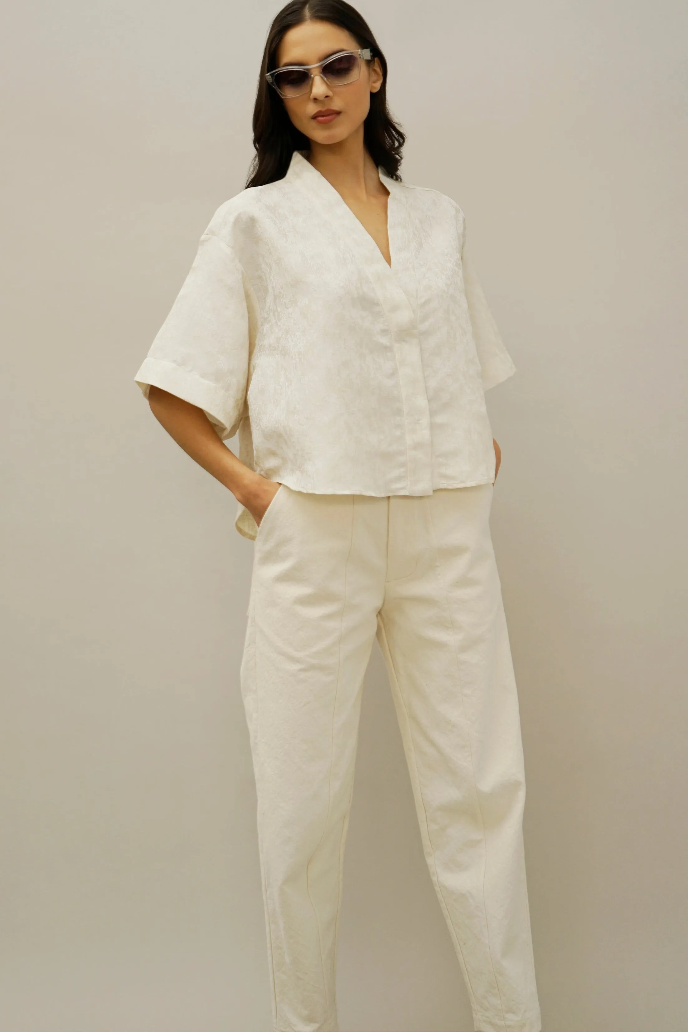 Row Ivory Jacquard V-Neck Button-Down Top