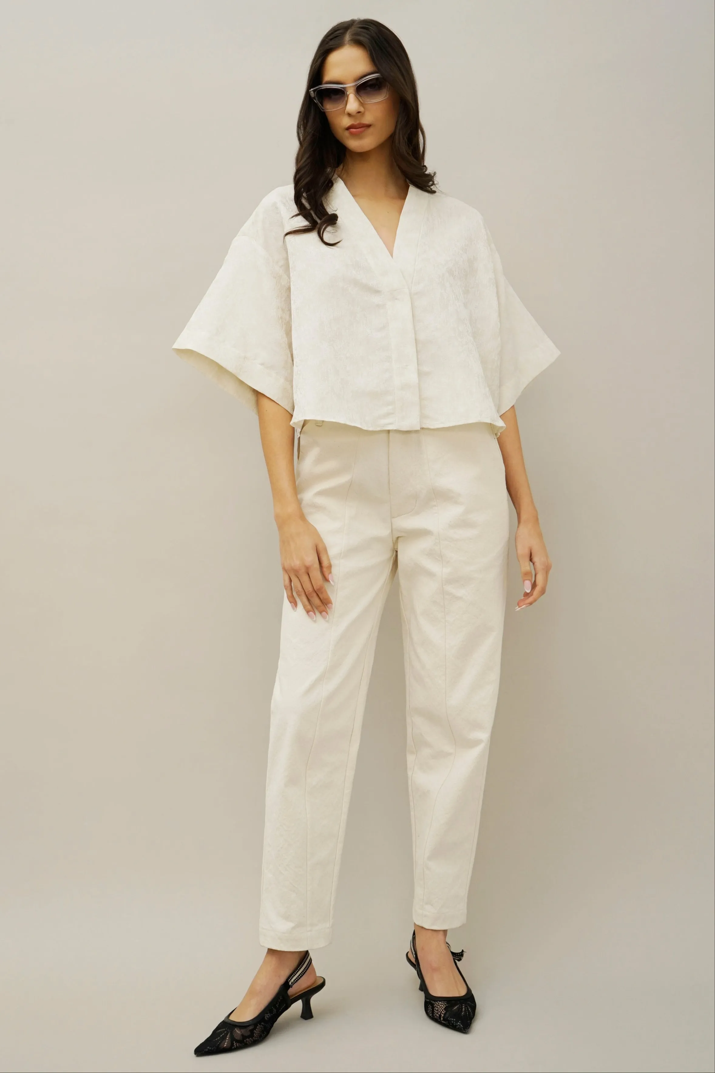 Row Ivory Jacquard V-Neck Button-Down Top
