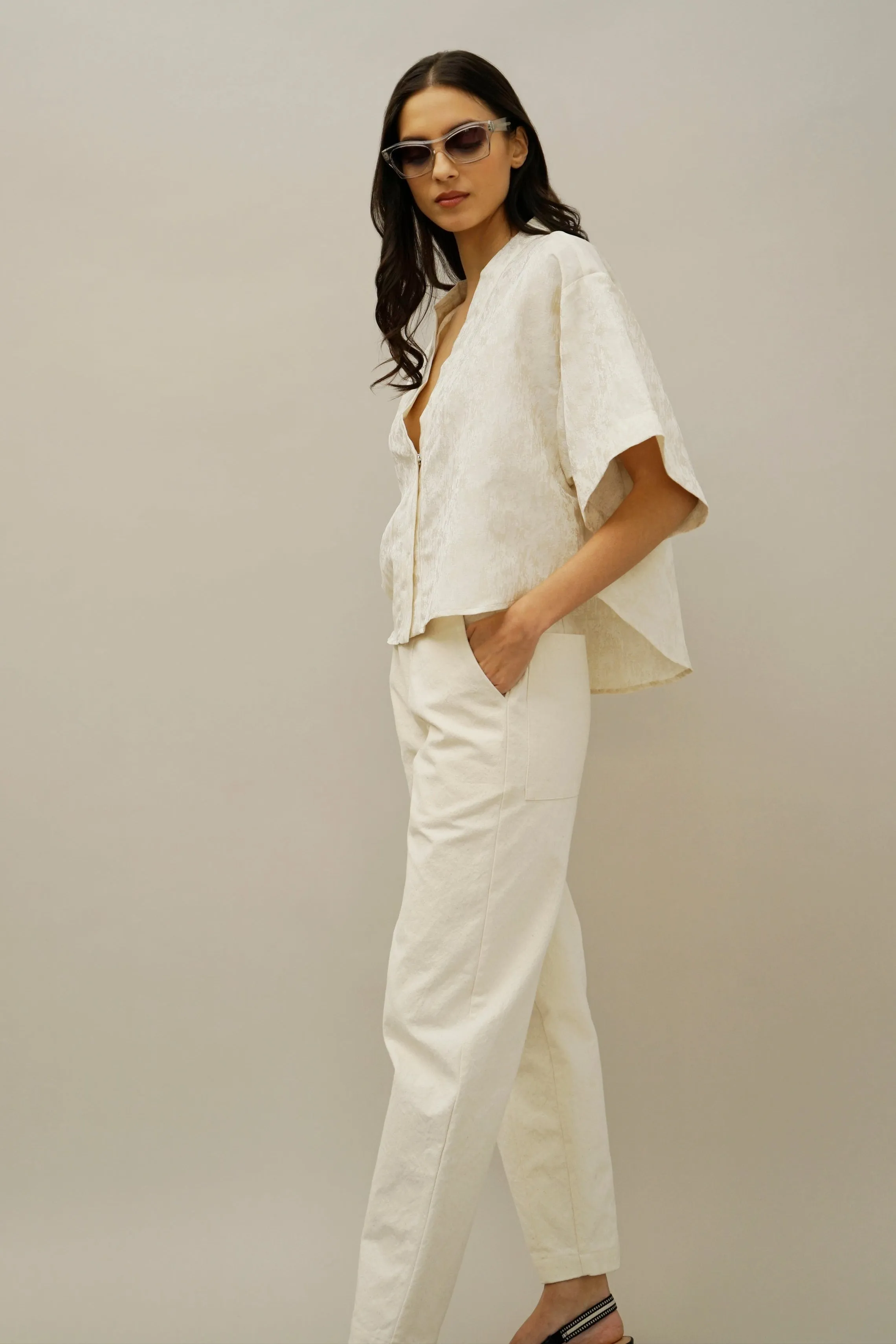 Row Ivory Jacquard V-Neck Button-Down Top