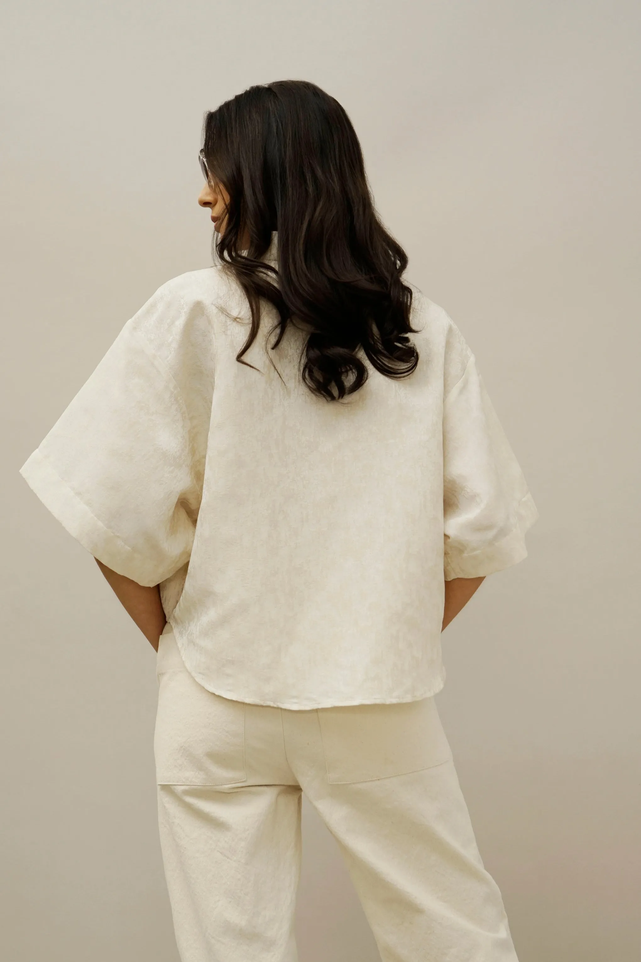 Row Ivory Jacquard V-Neck Button-Down Top
