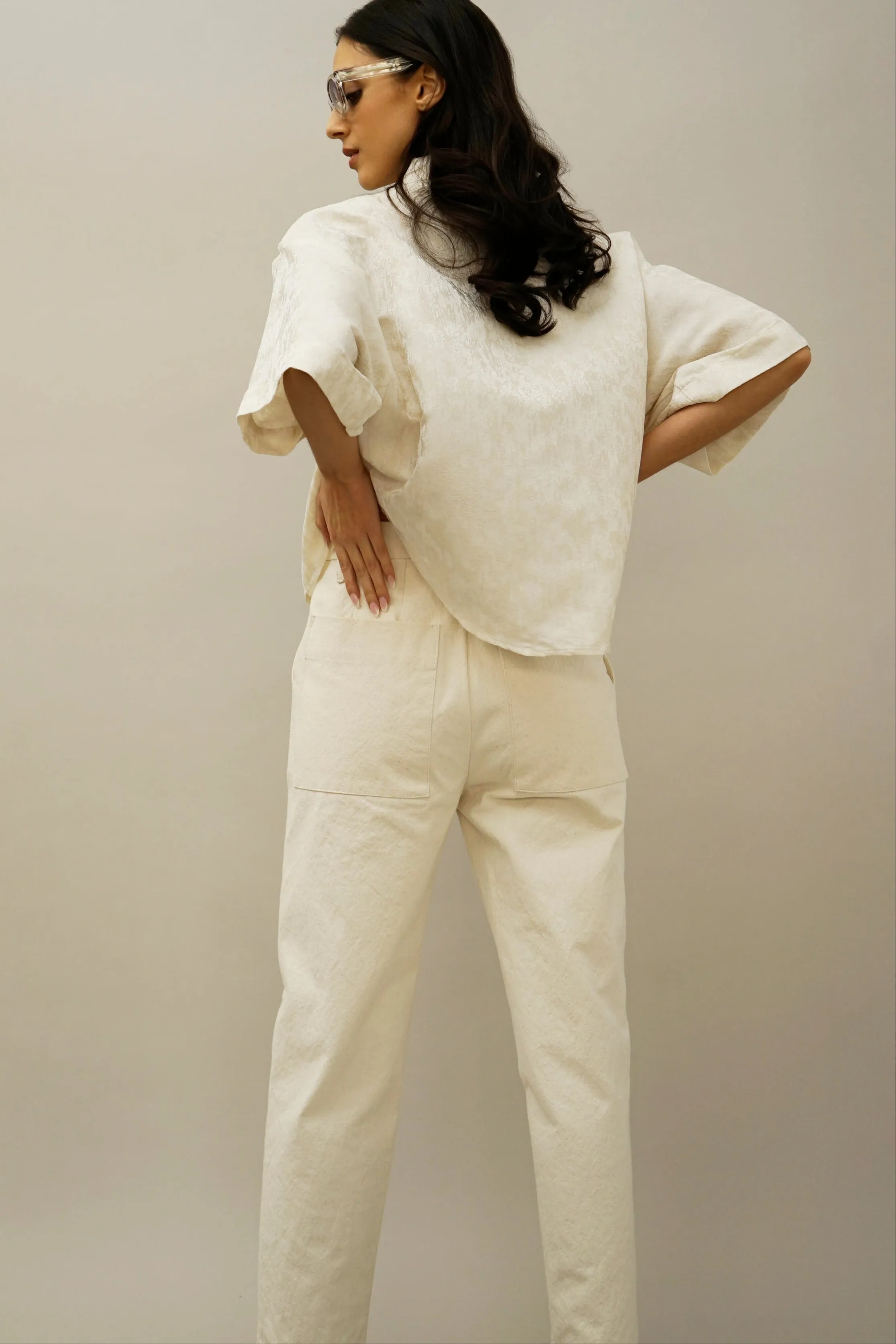 Row Ivory Jacquard V-Neck Button-Down Top