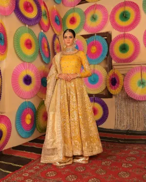 Royal Anarkali Frock Sharara Yellow Mehndi Dress #BS813