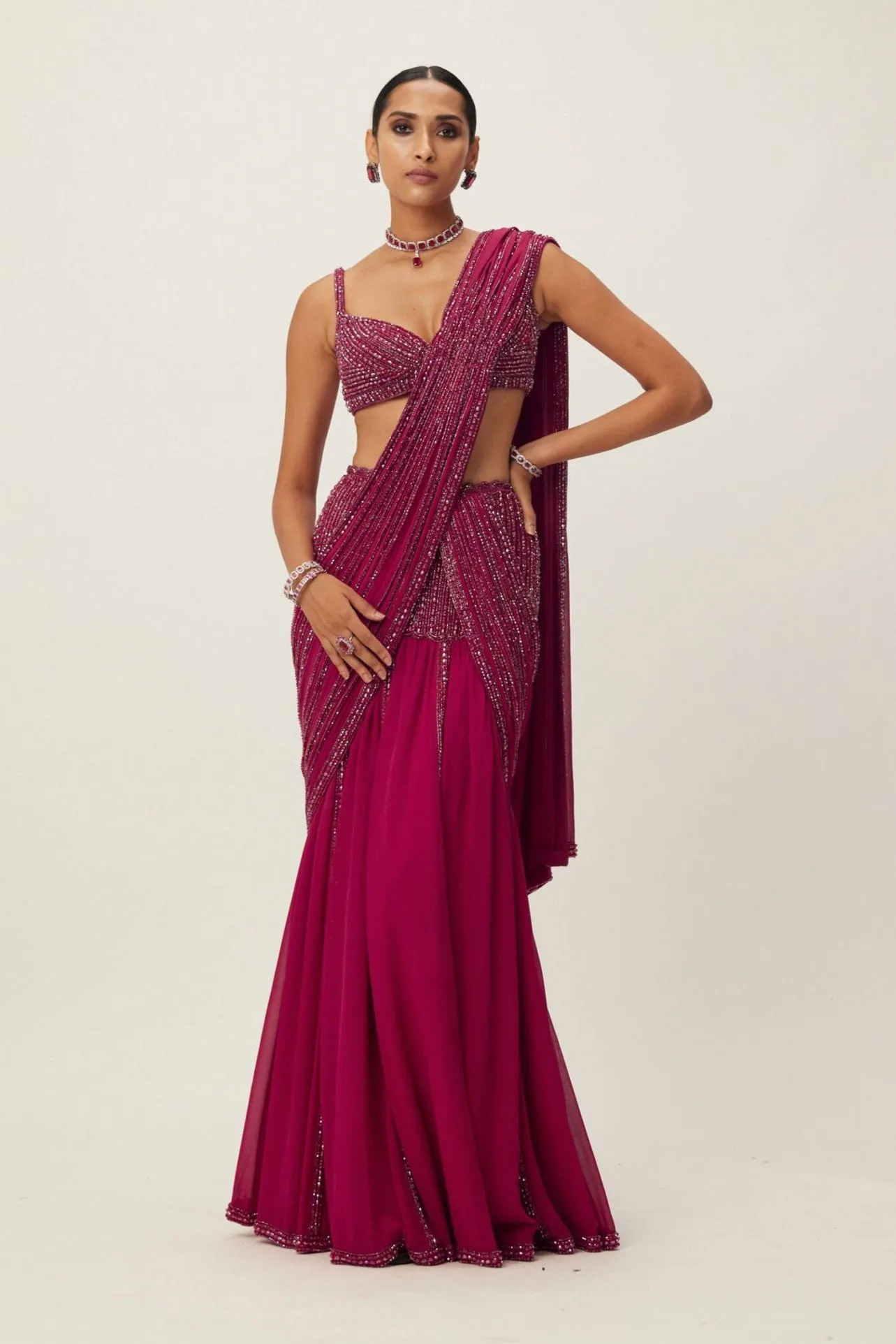Ruby Red Pre Draped Crystal Embellished Saree Set