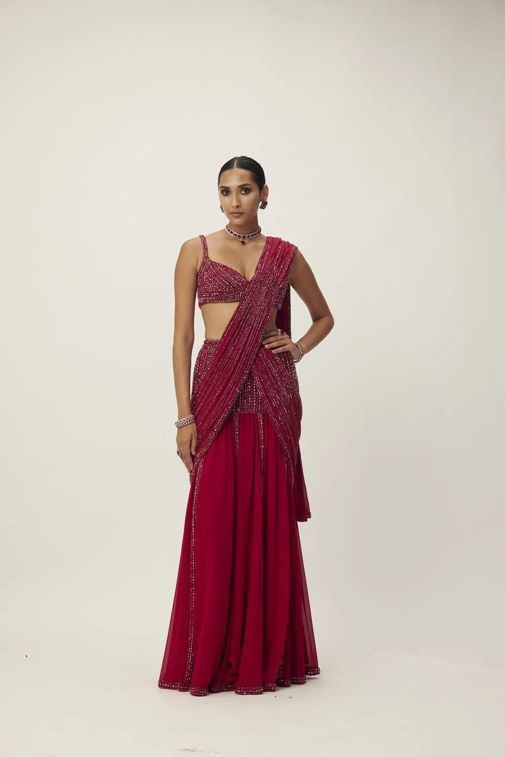 Ruby Red Pre Draped Crystal Embellished Saree Set