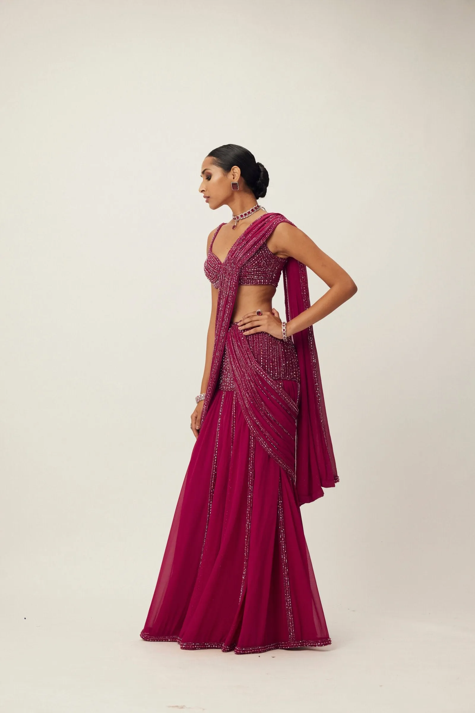Ruby Red Pre Draped Crystal Embellished Saree Set