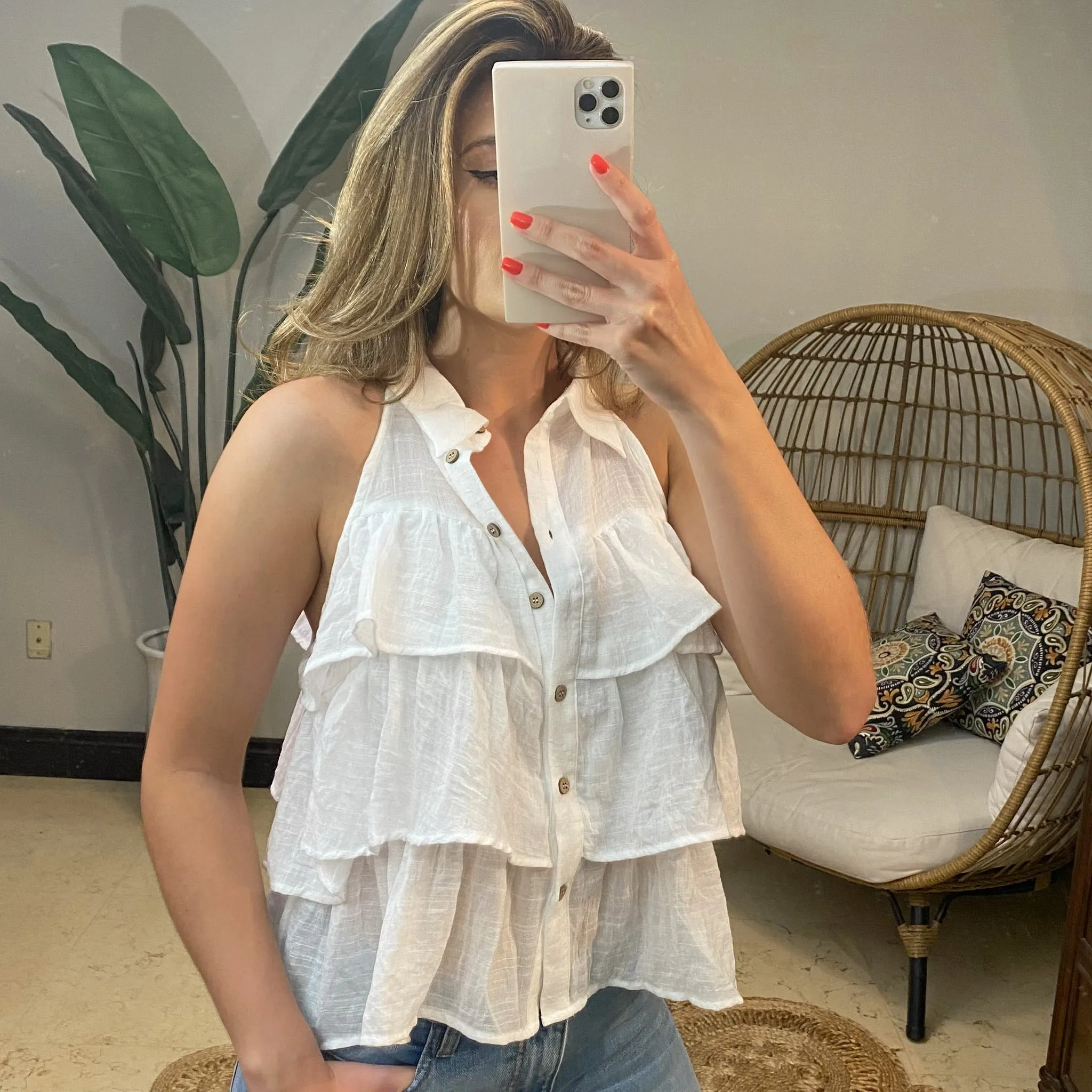 Ruffle Button Down- White Top