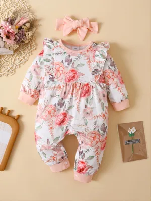 Ruffled Floral Round Neck Jumpsuit with Headband