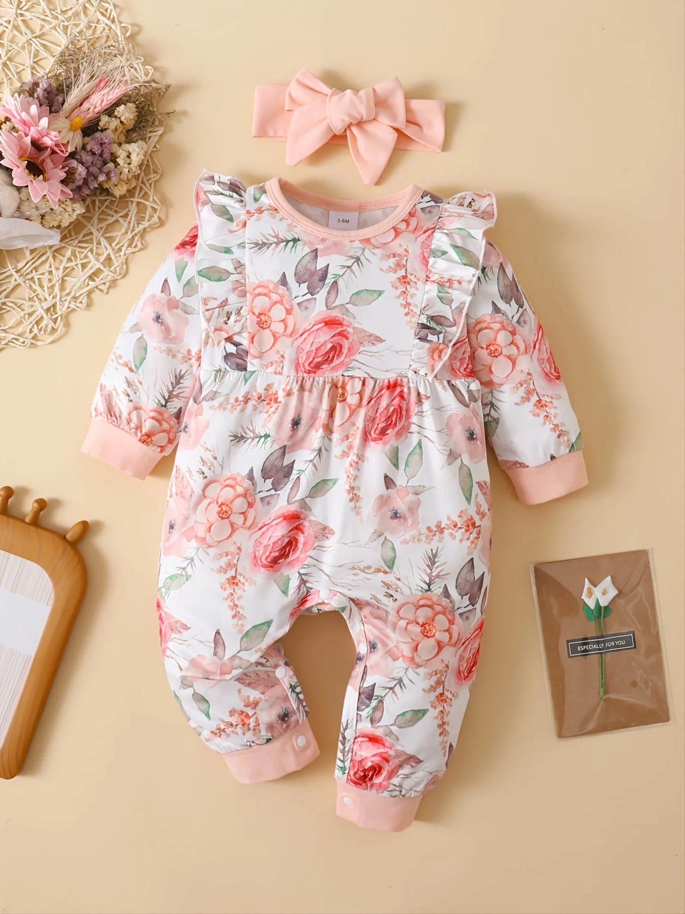 Ruffled Floral Round Neck Jumpsuit with Headband