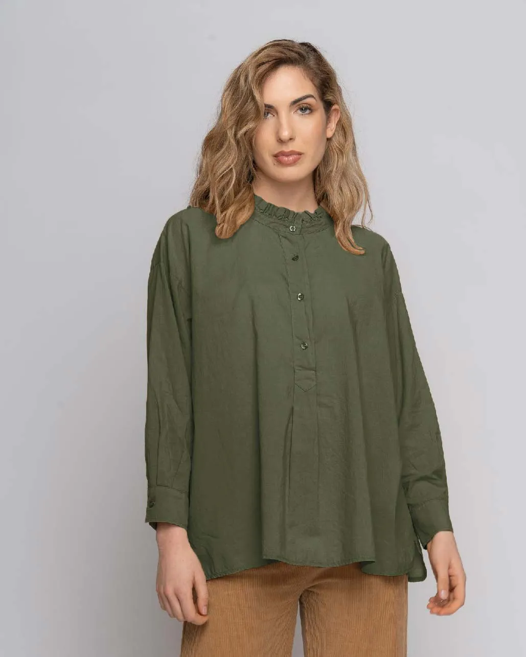 Ruffled Highneck Half-Button Shirt