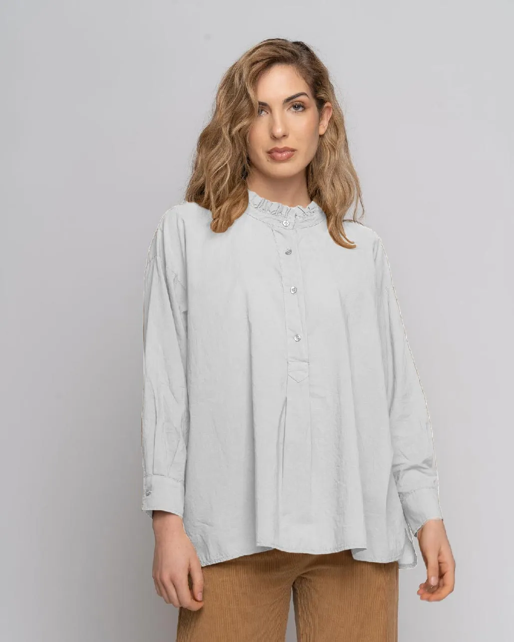 Ruffled Highneck Half-Button Shirt