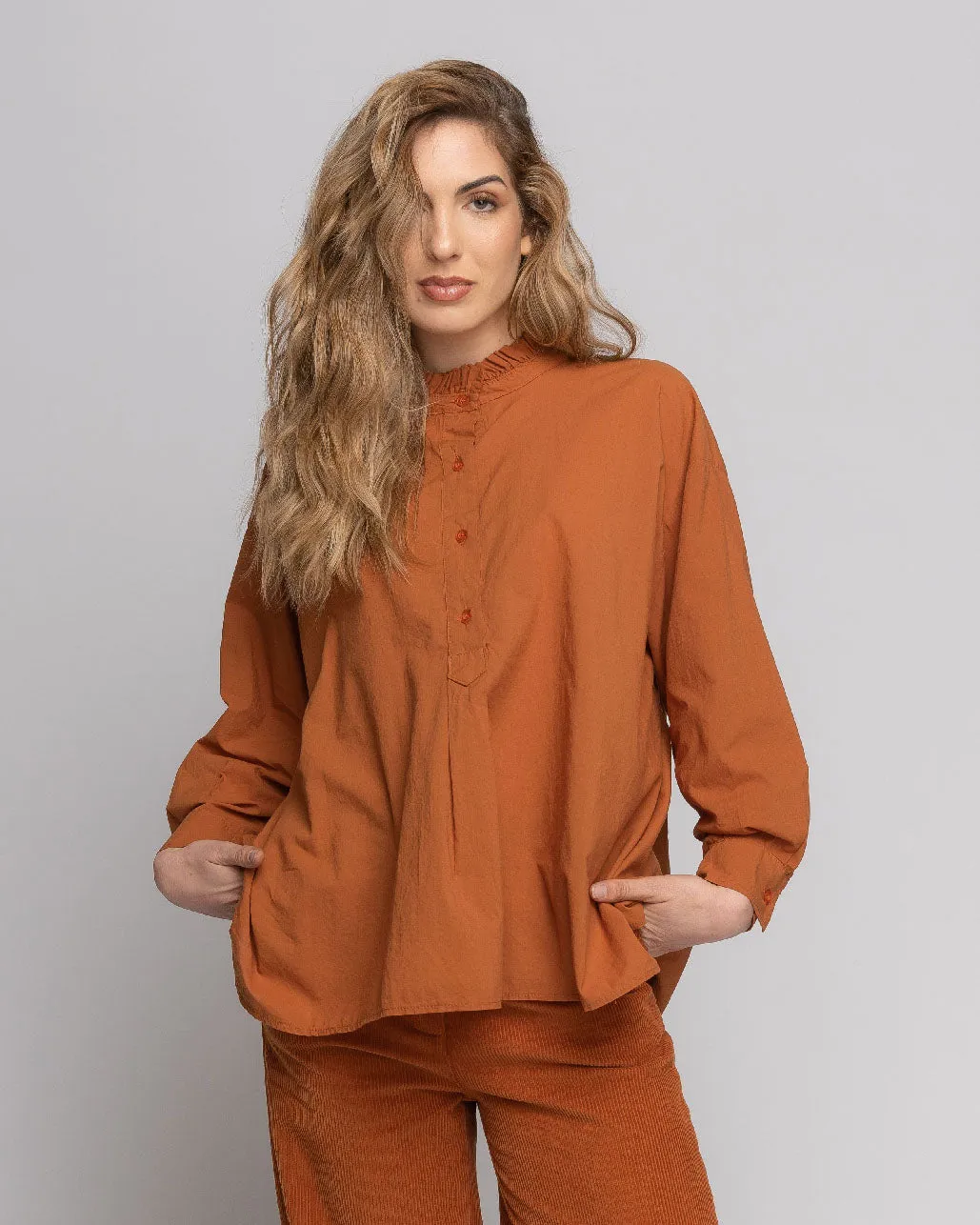 Ruffled Highneck Half-Button Shirt