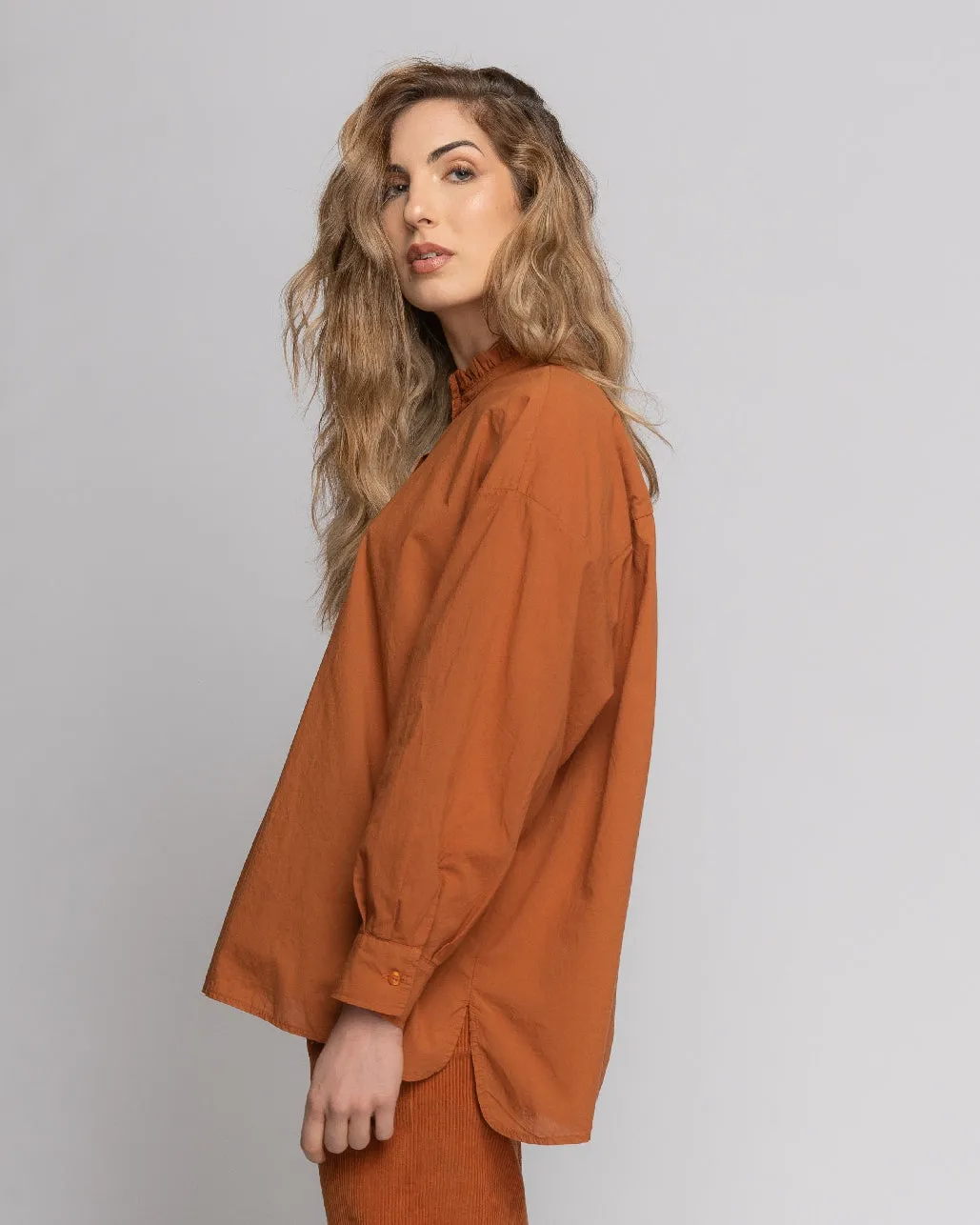Ruffled Highneck Half-Button Shirt