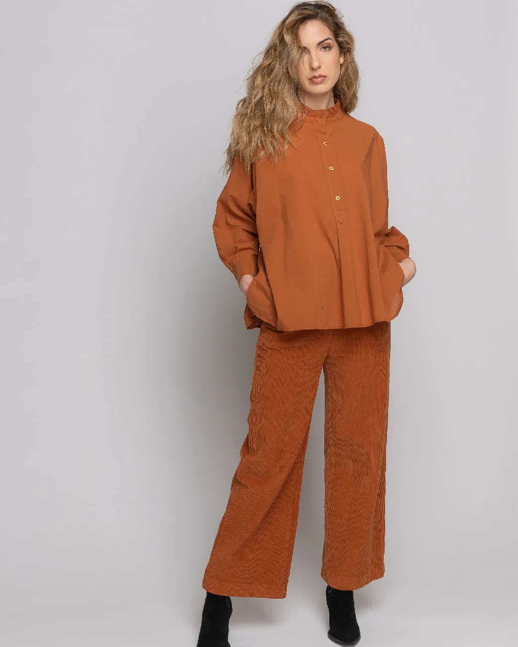 Ruffled Highneck Half-Button Shirt