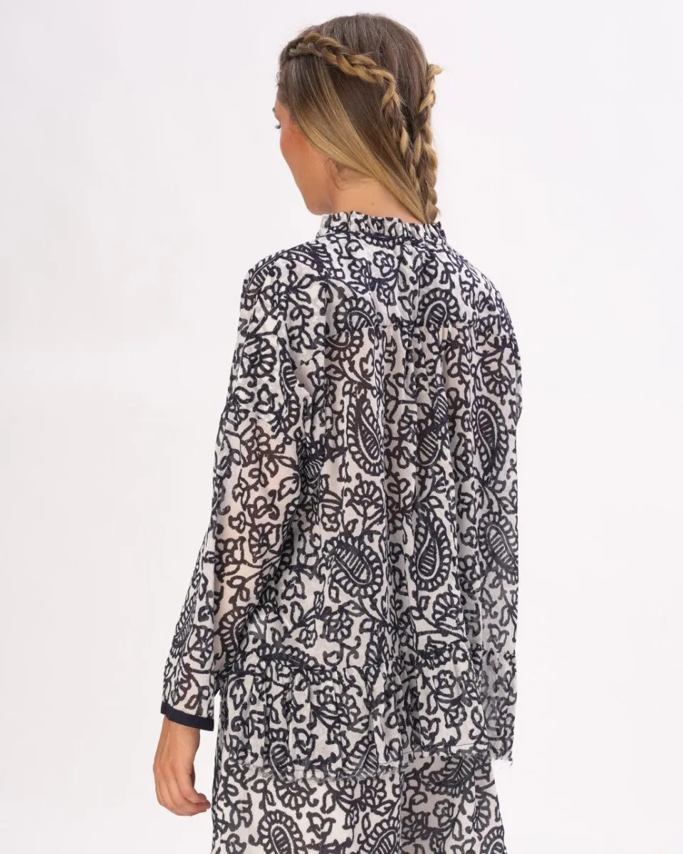 Ruffled Neck Paisley Floral Cotton Blouse