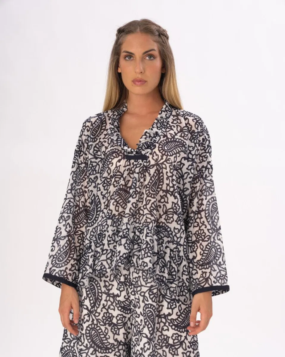 Ruffled Neck Paisley Floral Cotton Blouse