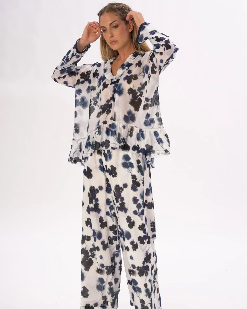 Ruffled Neck Small Floral Cotton Blouse