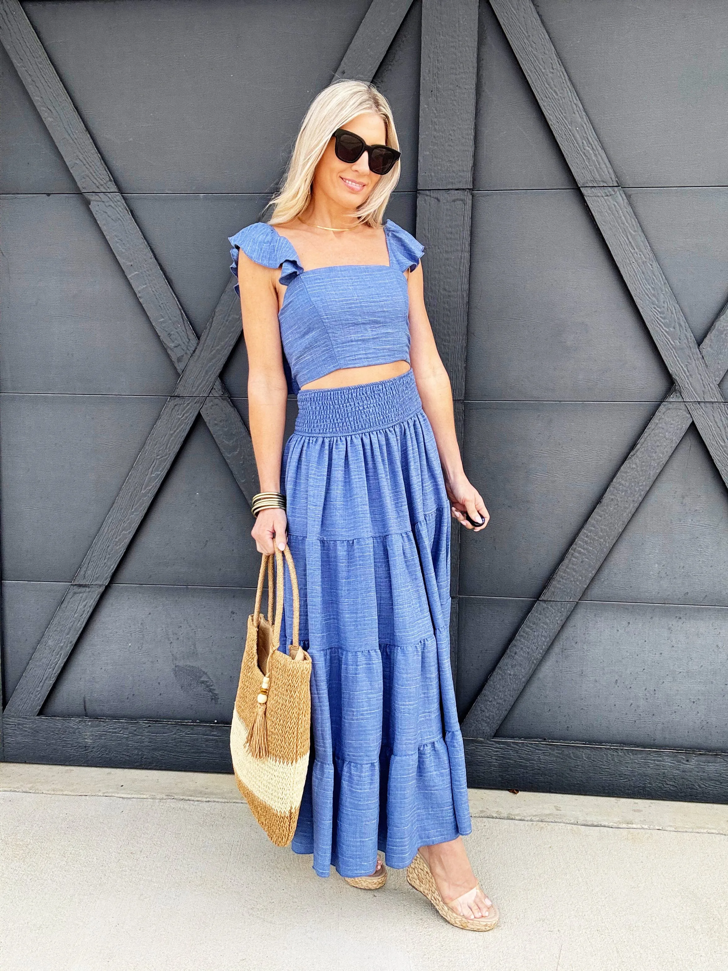 Ruffled Tiered Skirt Set In Blue