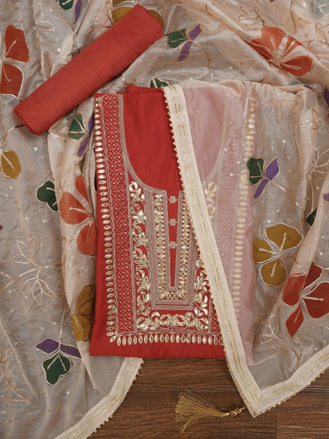 Rust Handpainted Embroidered Pure Silk Dress Material with Dupatta