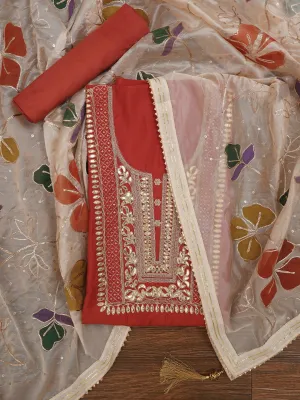 Rust Handpainted Embroidered Pure Silk Dress Material with Dupatta