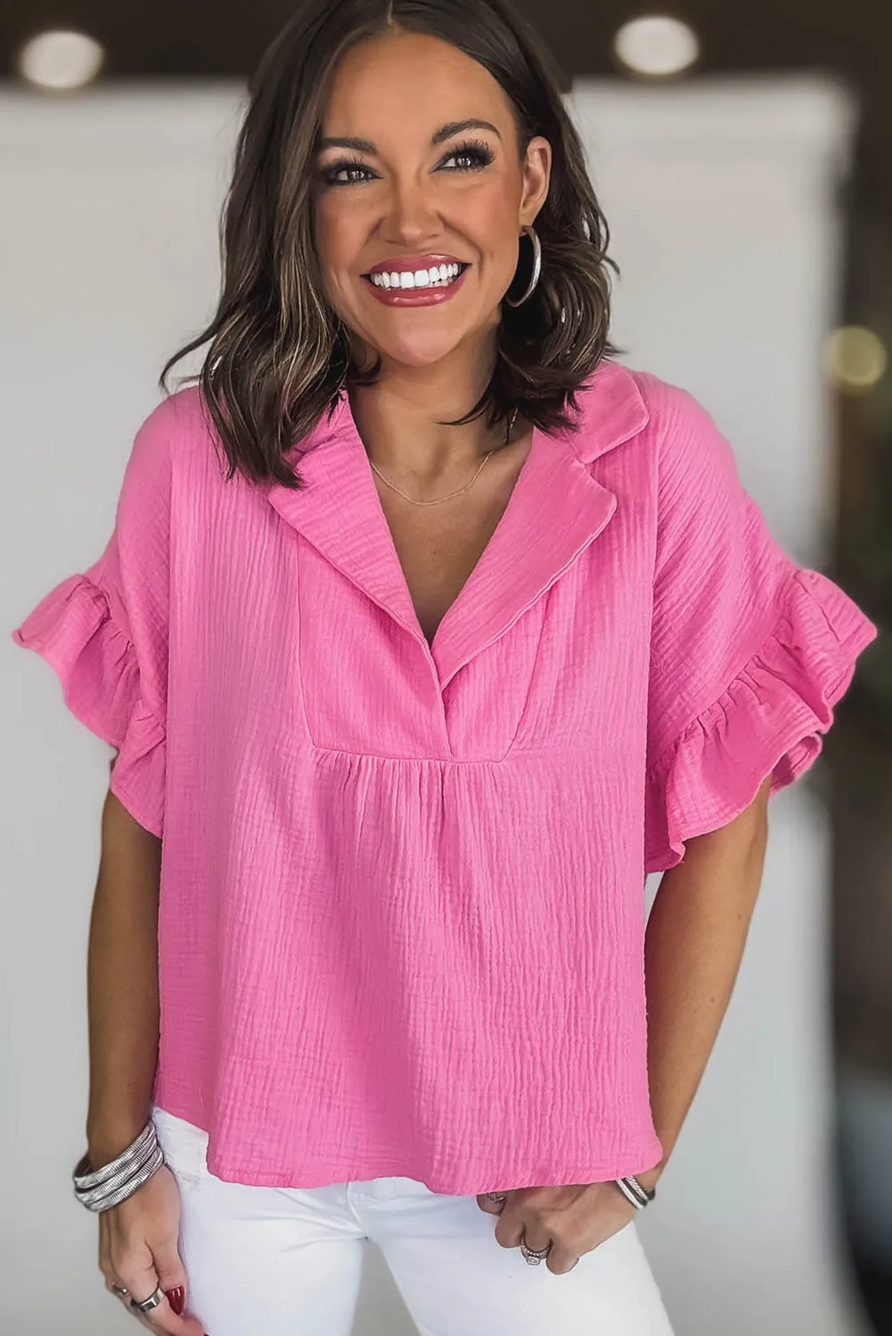 Sachet Pink Textured Ruffled Sleeve Collared V Neck Loose Fit Top