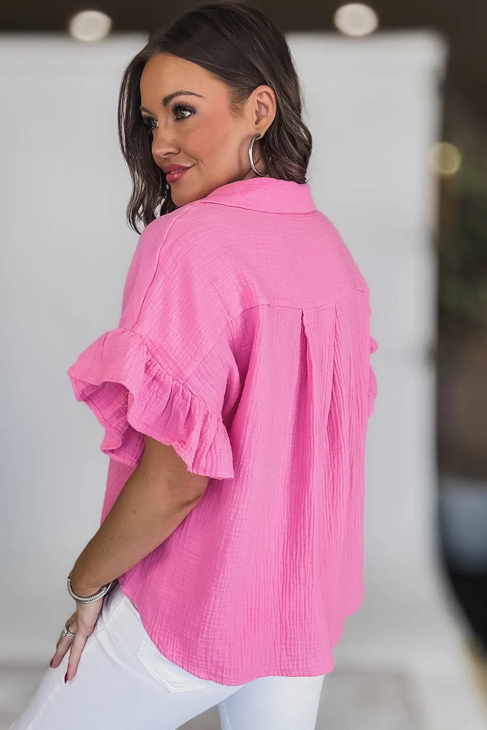 Sachet Pink Textured Ruffled Sleeve Collared V Neck Loose Fit Top