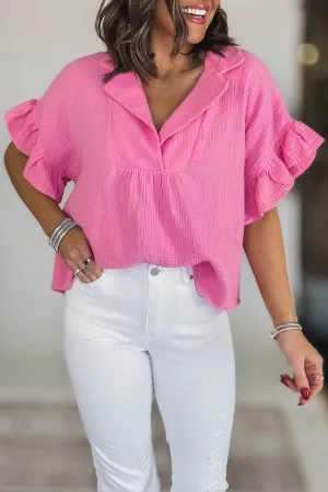 Sachet Pink Textured Ruffled Sleeve Collared V Neck Loose Fit Top