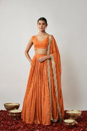 Saffron Orange Sequin And Thread Embroidered Georgette Lehenga Set