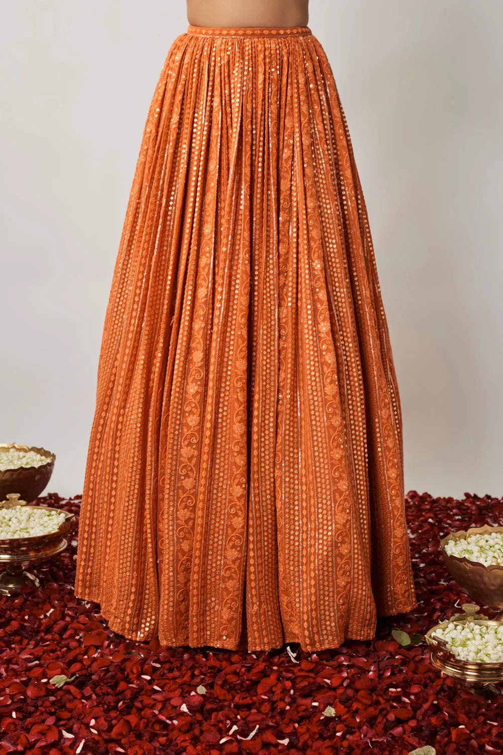 Saffron Orange Sequin And Thread Embroidered Georgette Lehenga Set