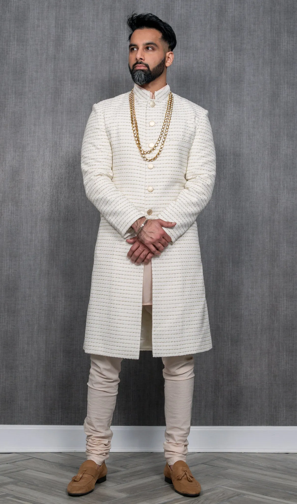 SANJAY White and Gold Sherwani