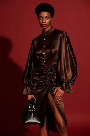 Satin Draped Balloon Sleeve Dress