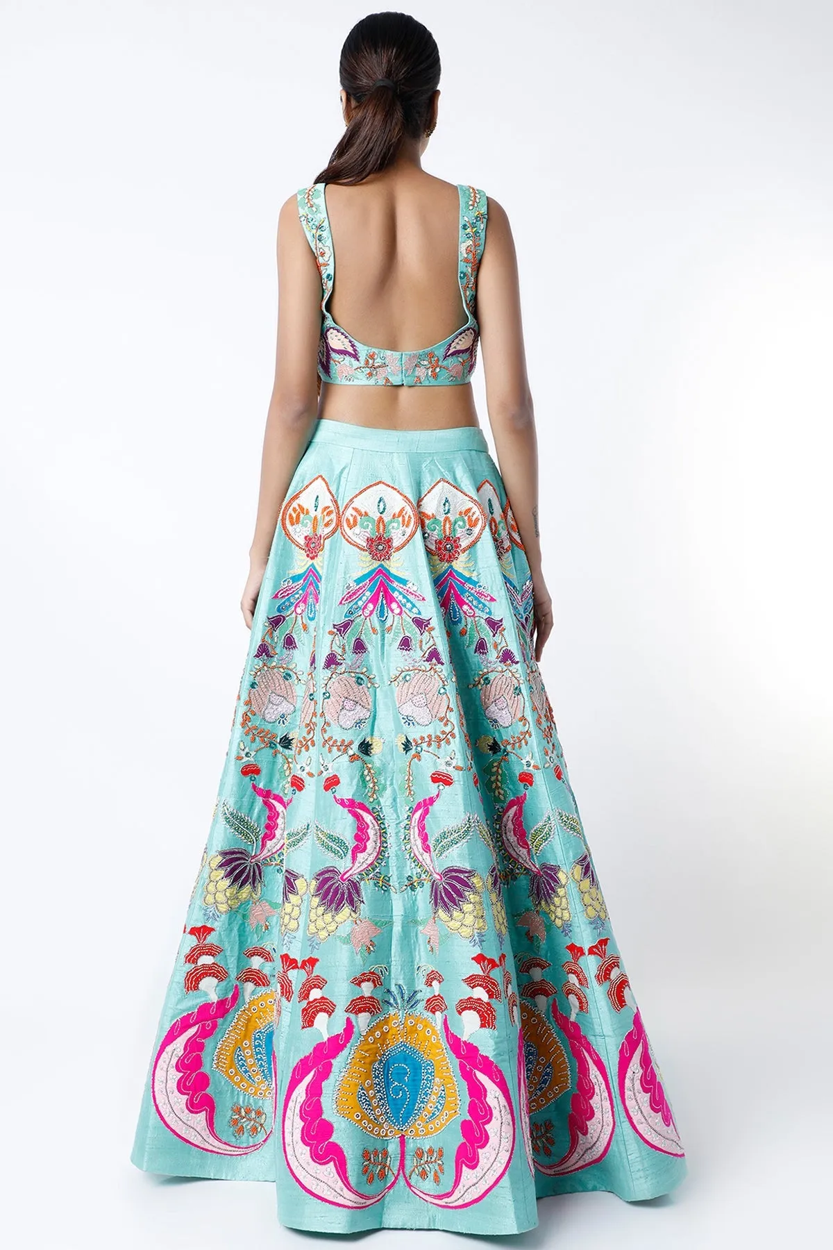 Scuba Blue Nadenka Raw Silk Appliquéd And Embellished Lehenga With Blouse And Cutwork Dupatta
