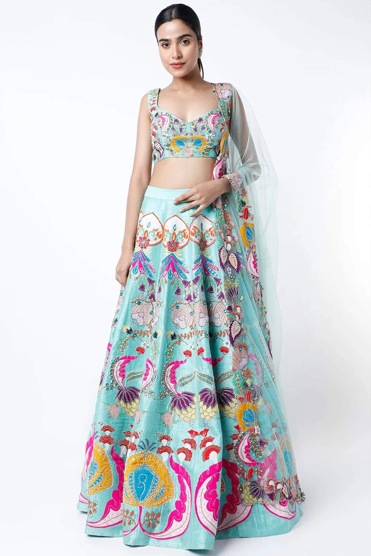 Scuba Blue Nadenka Raw Silk Appliquéd And Embellished Lehenga With Blouse And Cutwork Dupatta