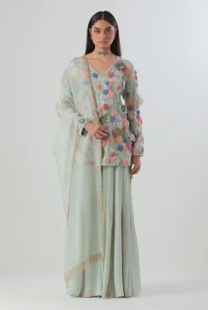 Sea Foam Embroidered Kurta With Sharara And Dupatta - Ready To Ship
