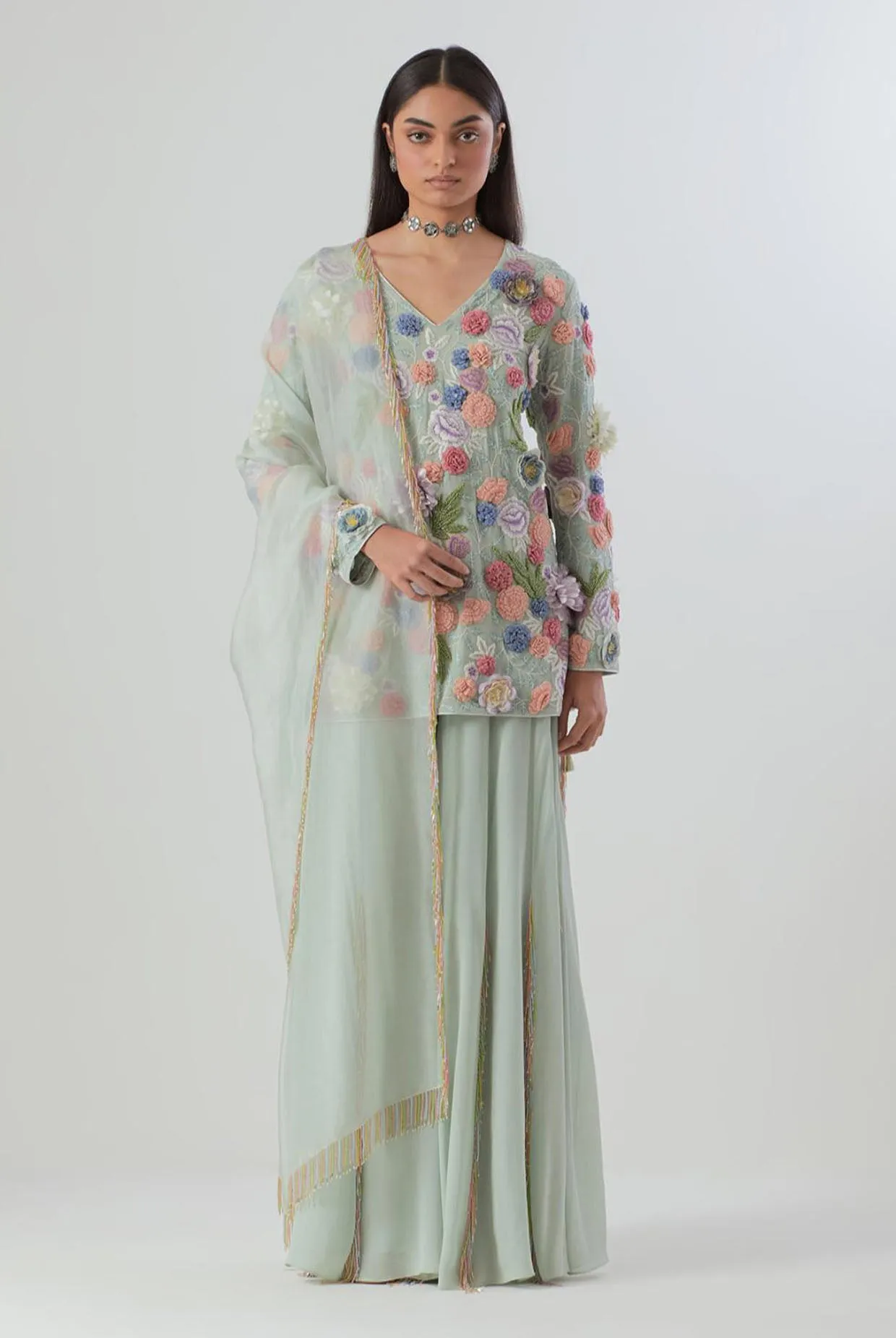 Sea Foam Embroidered Kurta With Sharara And Dupatta - Ready To Ship