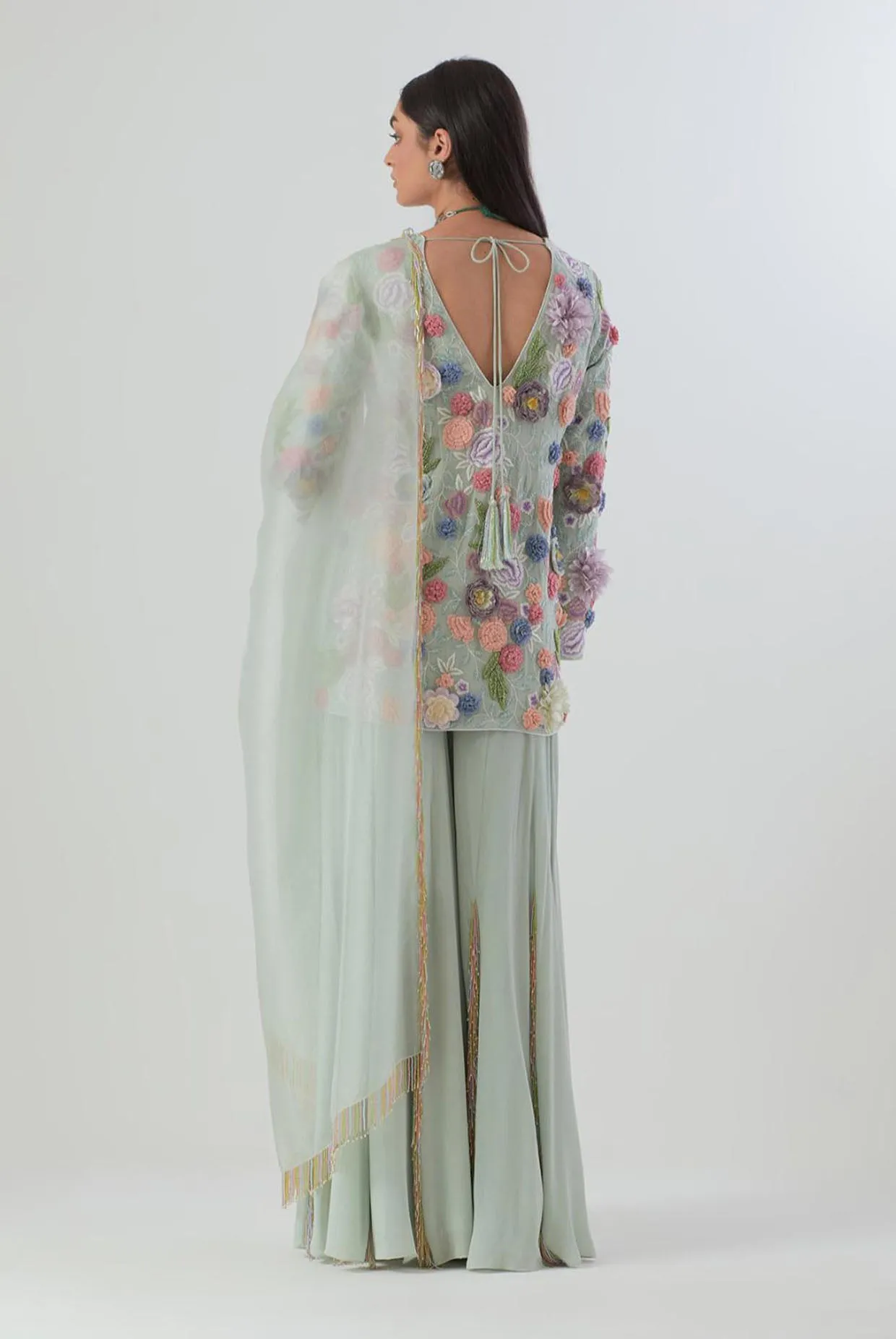 Sea Foam Embroidered Kurta With Sharara And Dupatta - Ready To Ship
