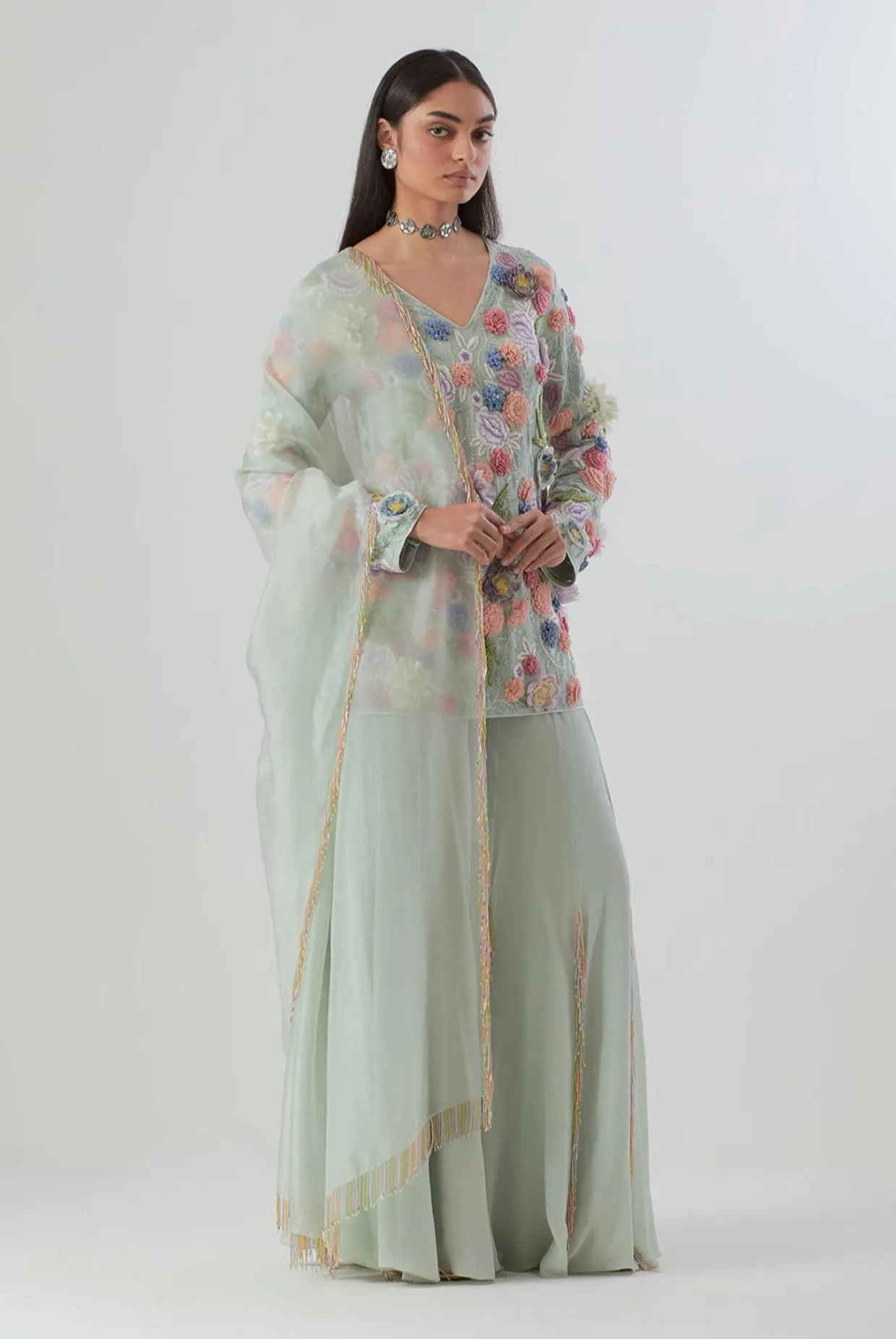 Sea Foam Embroidered Kurta With Sharara And Dupatta - Ready To Ship