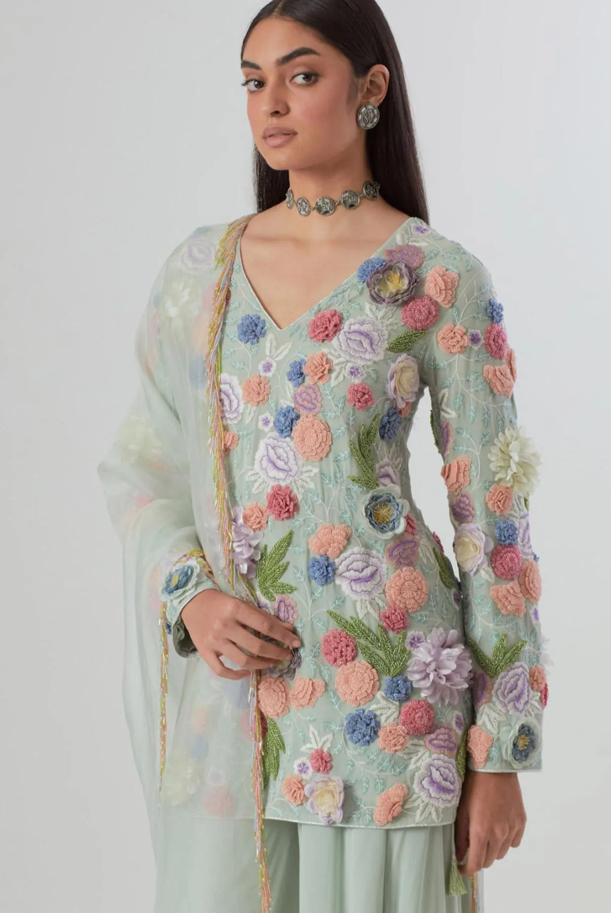 Sea Foam Embroidered Kurta With Sharara And Dupatta - Ready To Ship