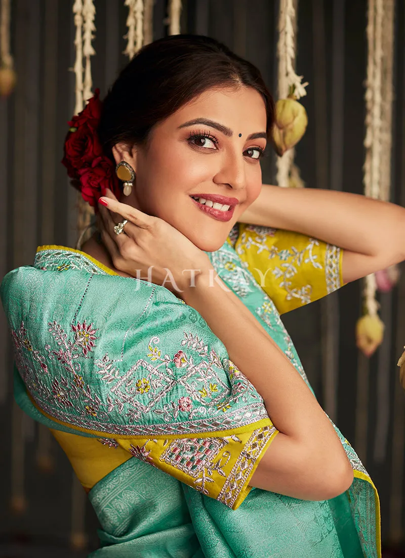 Sea Green And Yellow Embroidered Organza Silk Saree