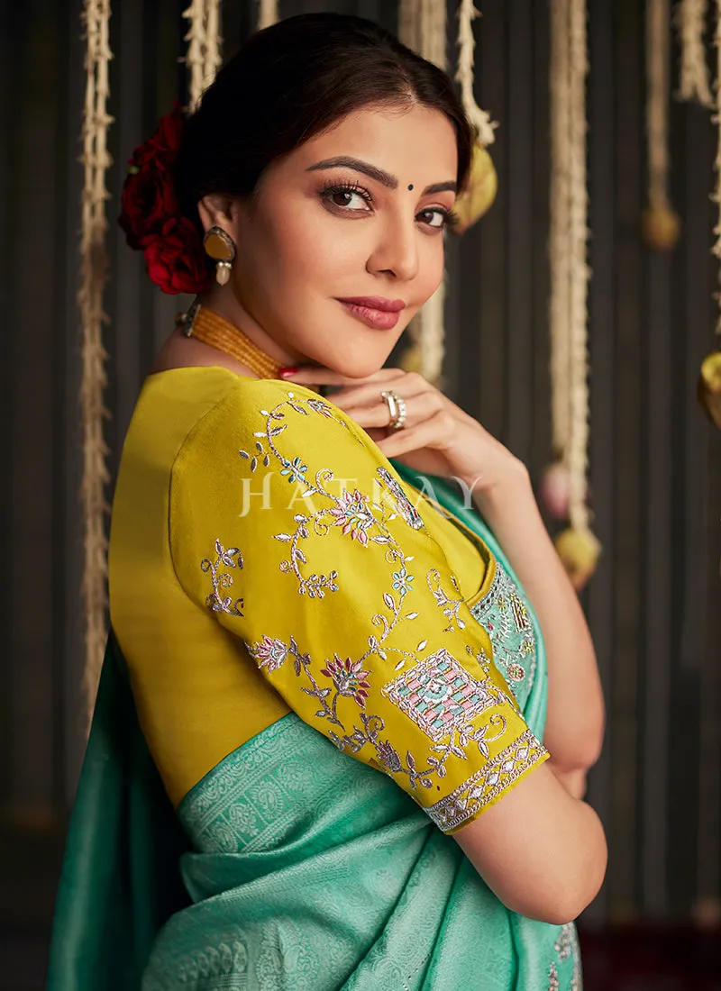Sea Green And Yellow Embroidered Organza Silk Saree